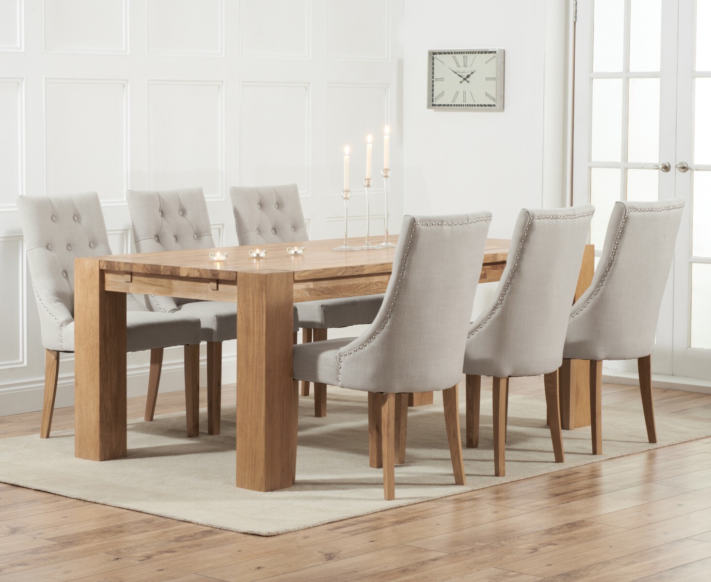 Product photograph of Sheringham 200cm Solid Oak Dining Table With 6 Natural Beatrix Fabric Chairs from Oak Furniture Superstore