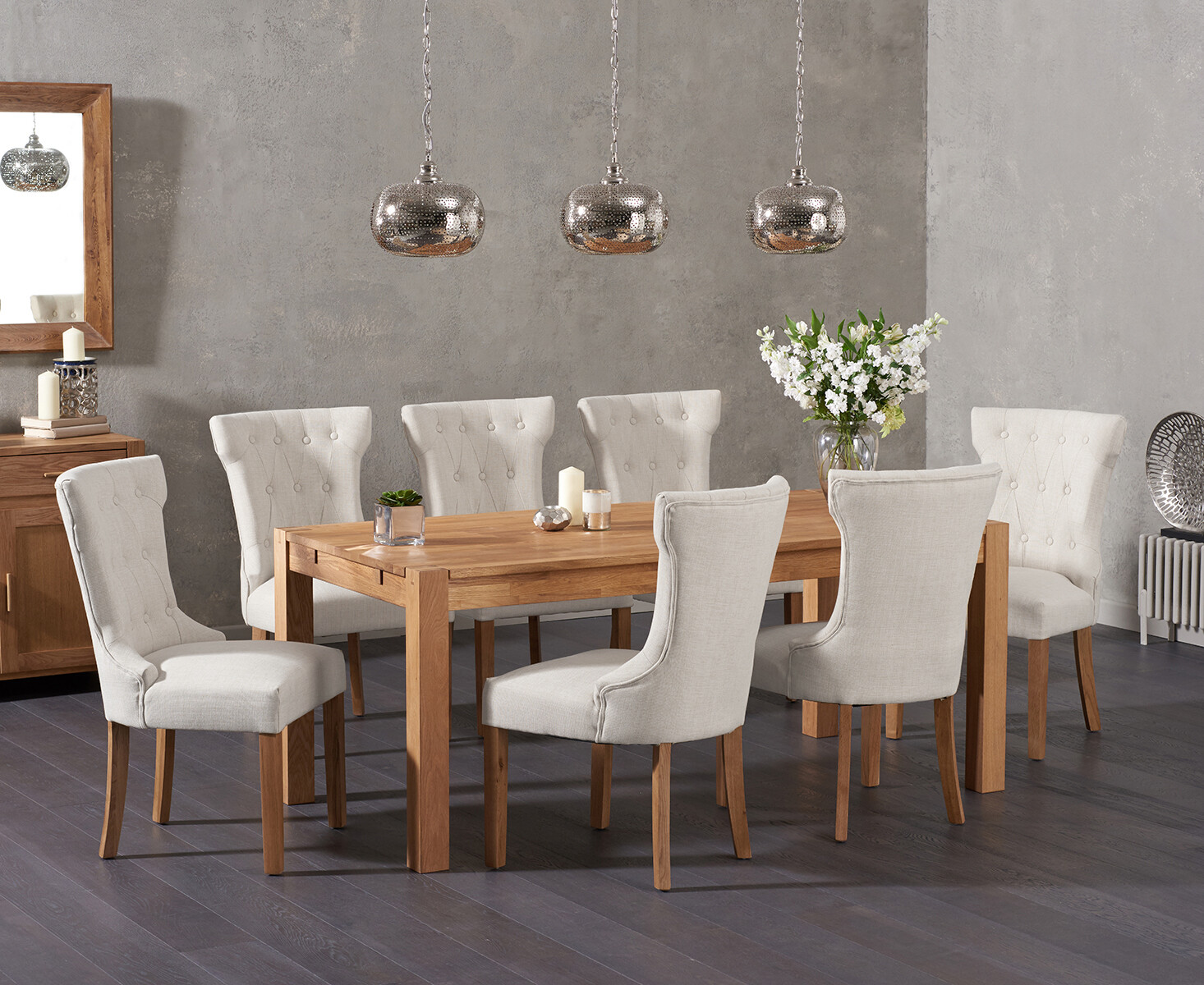 Product photograph of Thetford 180cm Solid Oak Dining Table With 6 Natural Clara Fabric Chairs from Oak Furniture Superstore