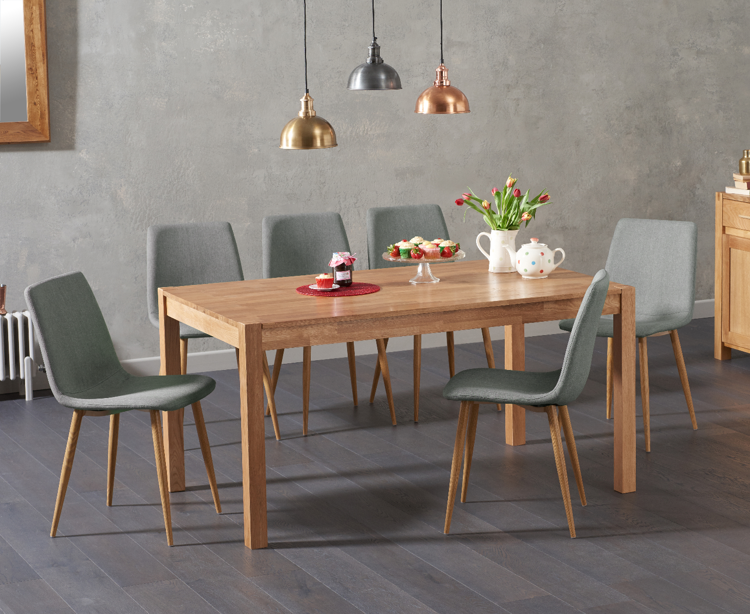 Oxford 150cm Solid Oak Dining Table With 6 Grey Astrid Fabric Chairs