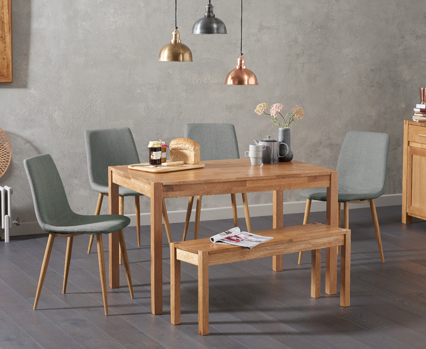 Product photograph of York 120cm Solid Oak Dining Table With 2 Grey Astrid Fabric Chairs With 1 York Bench from Oak Furniture Superstore