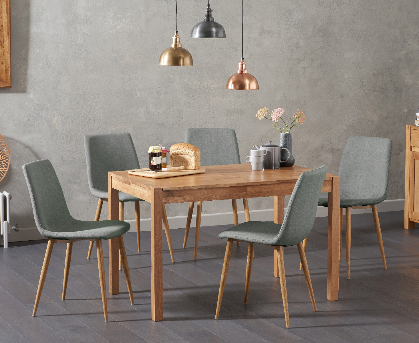 York 120cm Solid Oak Dining Table With 6 Grey Astrid Fabric Chairs