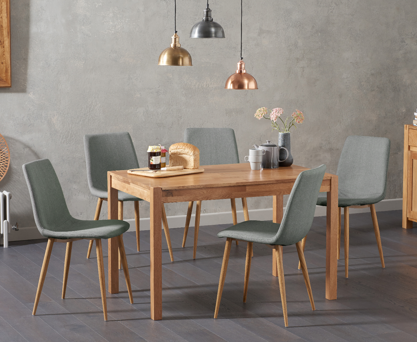 York 120cm Solid Oak Dining Table With 4 Grey Astrid Fabric Chairs