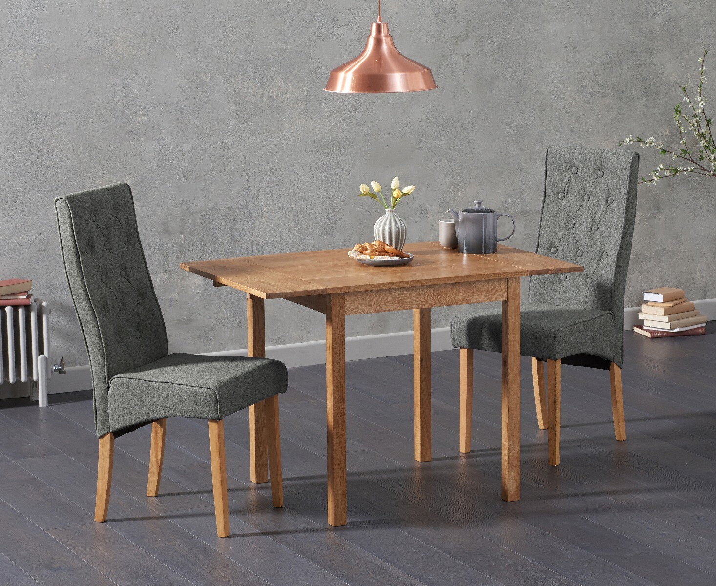 Product photograph of Extending York 70cm Solid Oak Dining Table With 2 Grey Maya Chairs from Oak Furniture Superstore