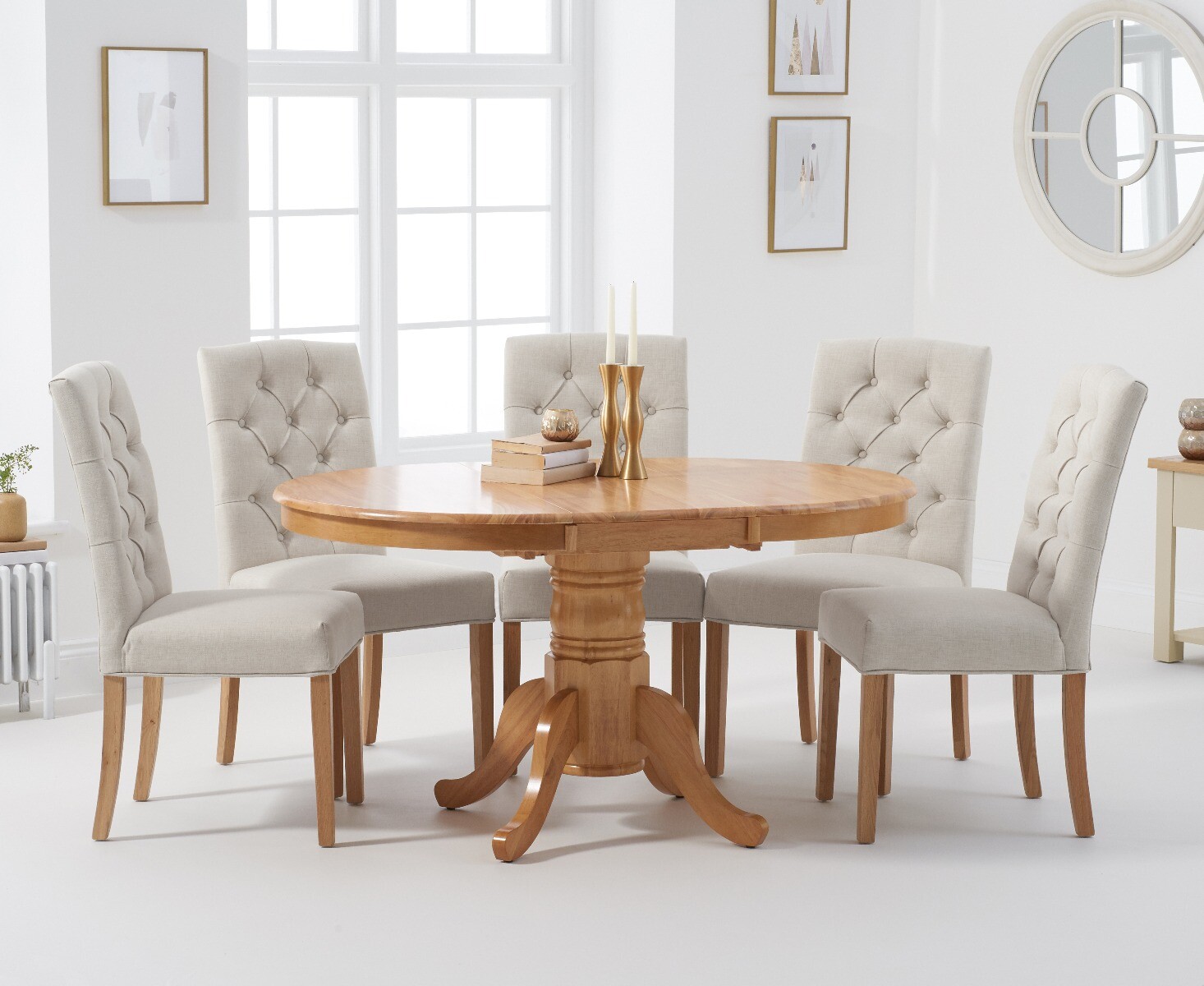 Photo 1 of Extending epsom oak pedestal table with 6 natural isabella chairs