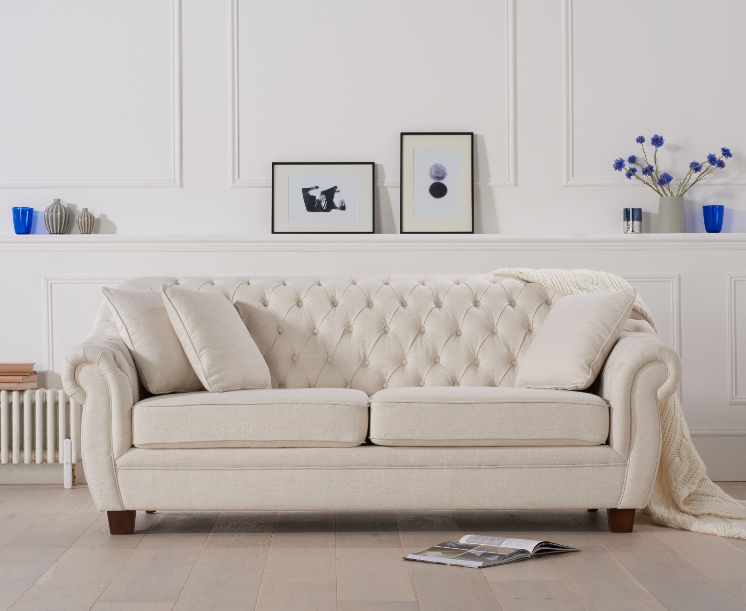 Product photograph of Eva Chesterfield Ivory Linen Fabric Three-seater Sofa from Oak Furniture Superstore