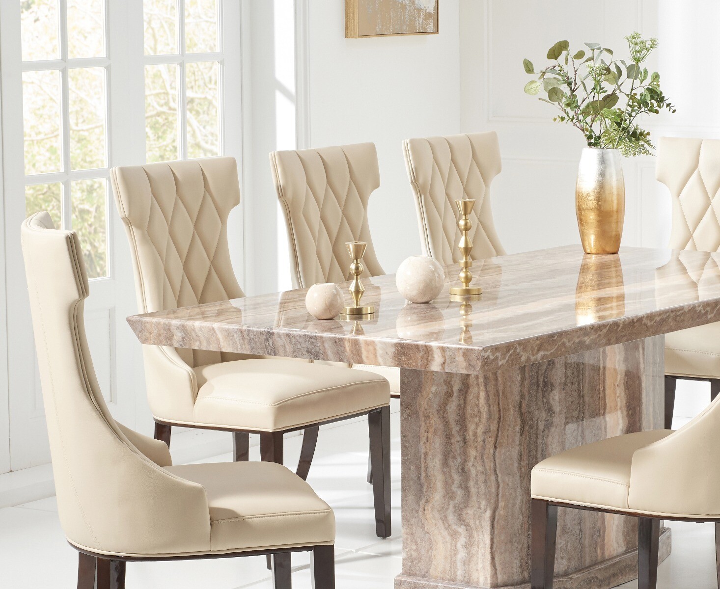 Photo 3 of Carvelle 160cm brown pedestal marble dining table with 6 cream sophia chairs