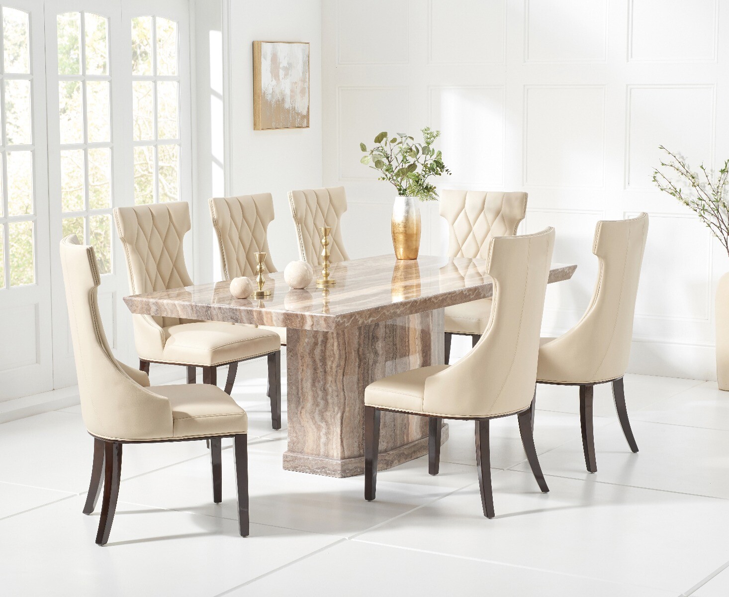 Photo 1 of Carvelle 160cm brown pedestal marble dining table with 6 cream sophia chairs