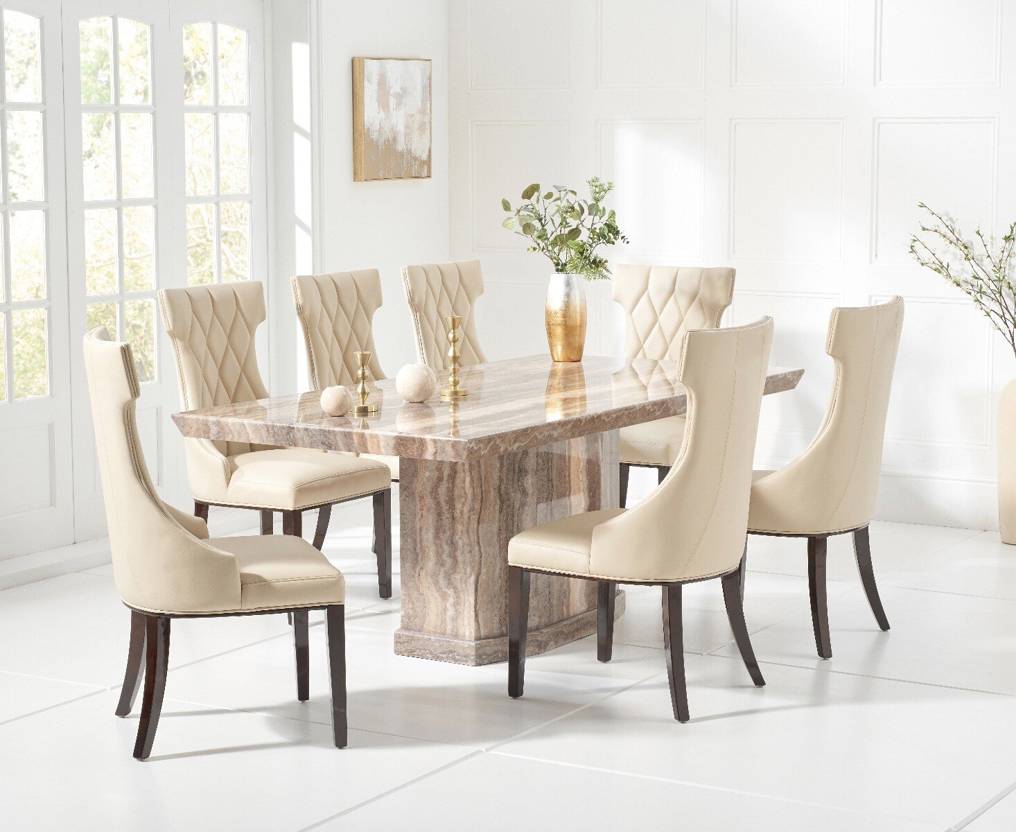 Carvelle 160cm Brown Pedestal Marble Dining Table With 8 Cream Sophia Chairs