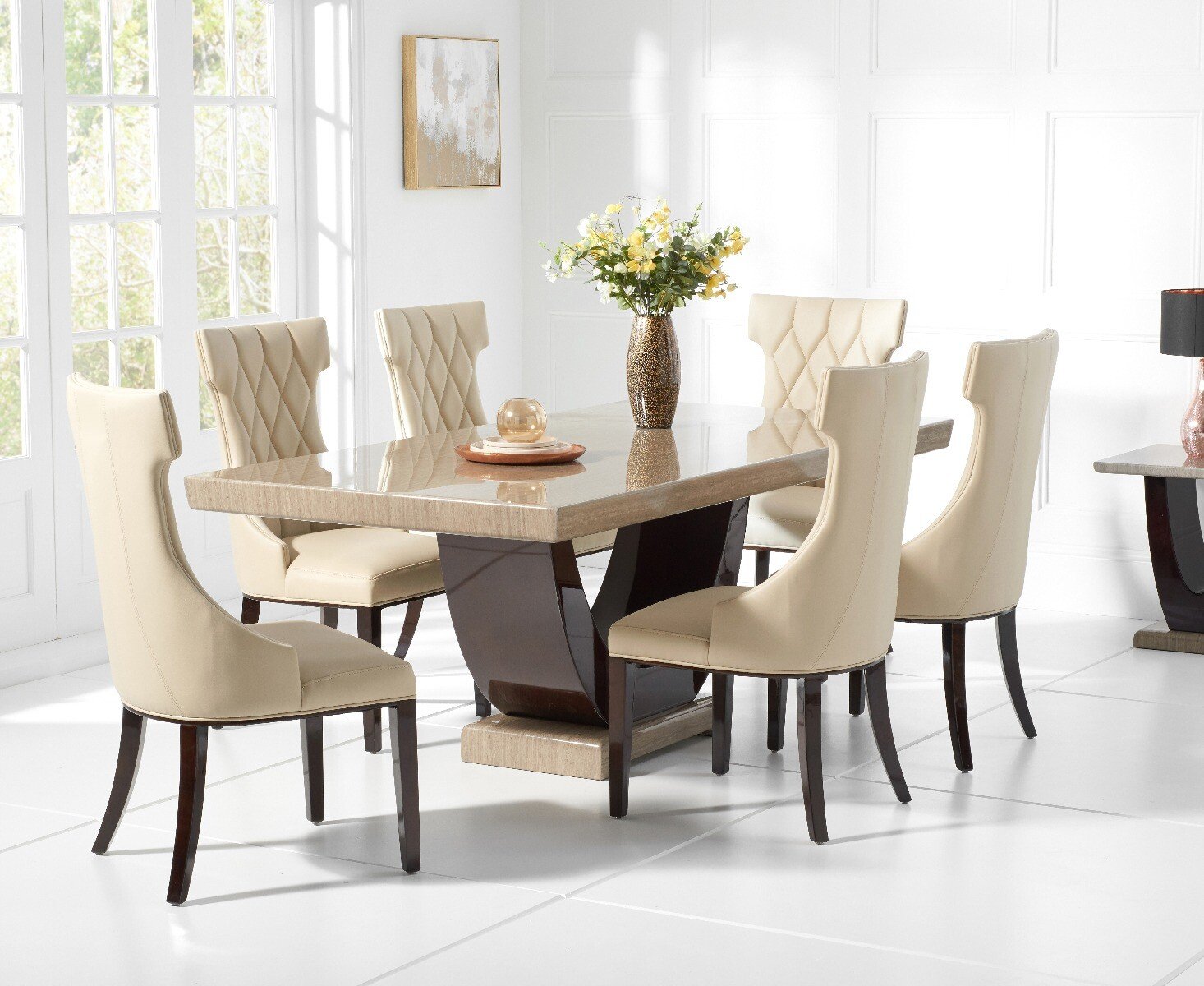 Novara 170cm Pedestal Marble Dining Table With 6 Cream Sophia Chairs