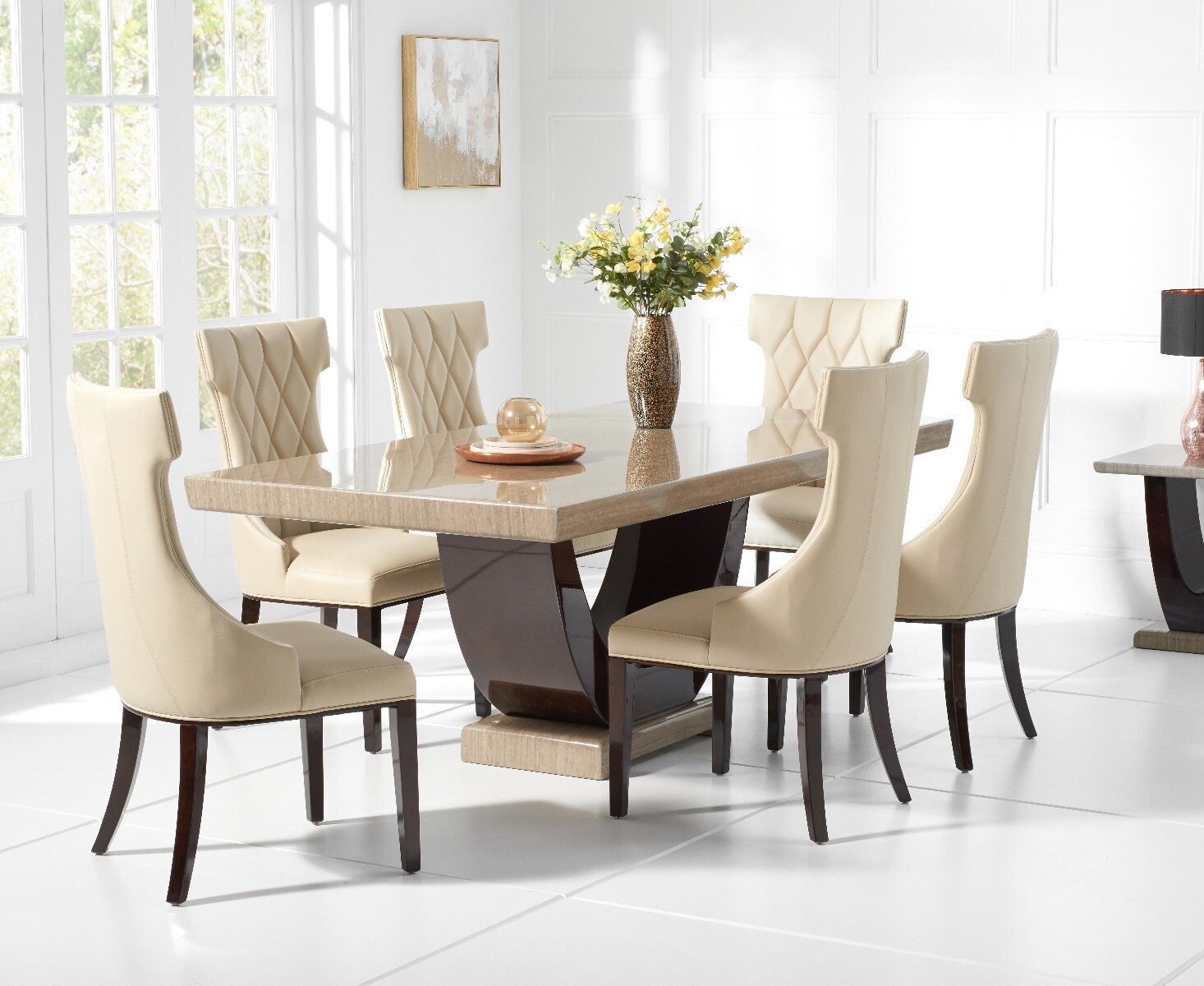 Photo 1 of Raphael 200cm brown pedestal marble dining table with 10 cream sophia chairs