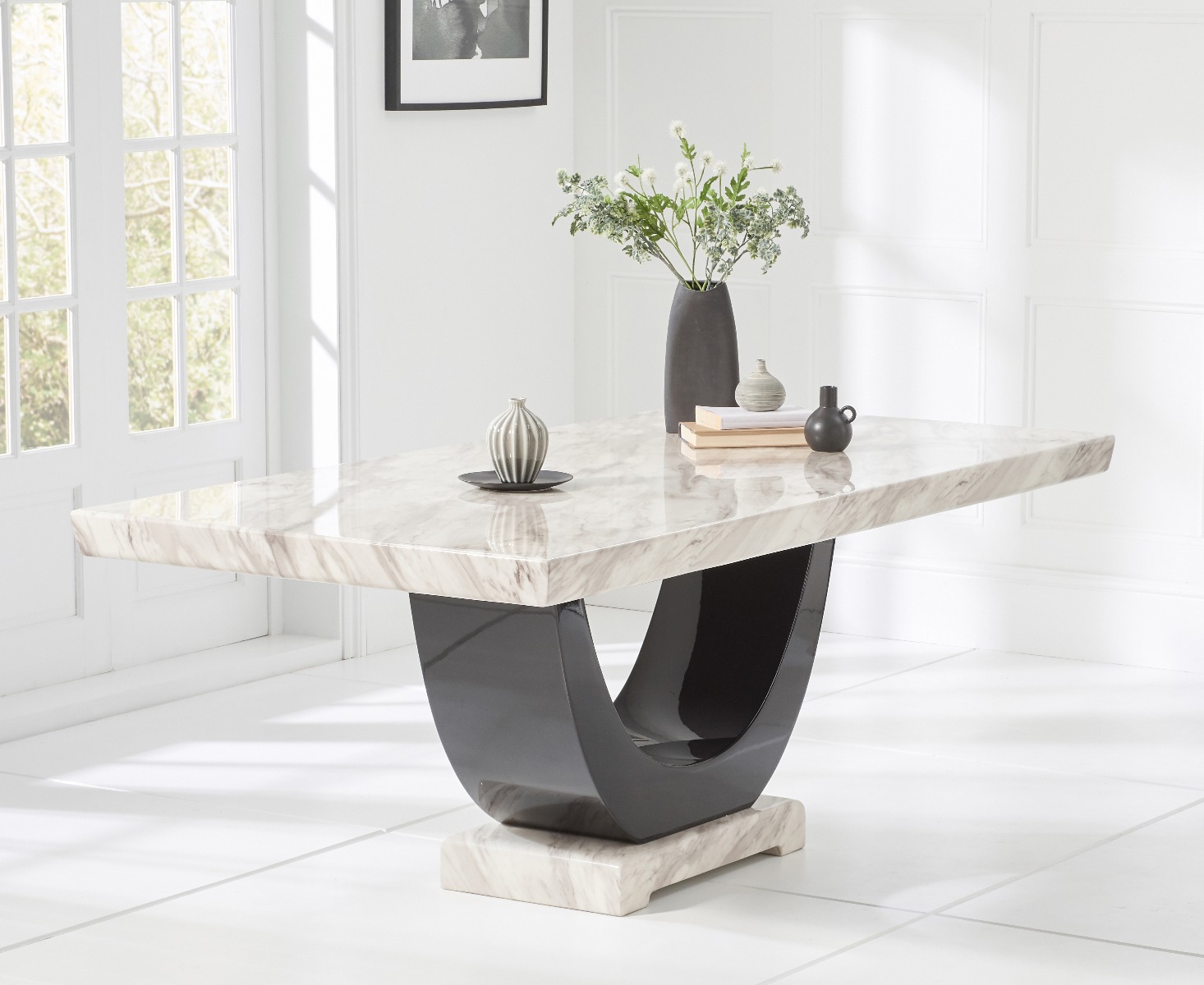 Photo 1 of Raphael 170cm cream and black pedestal marble dining table with 4 brown novara chairs