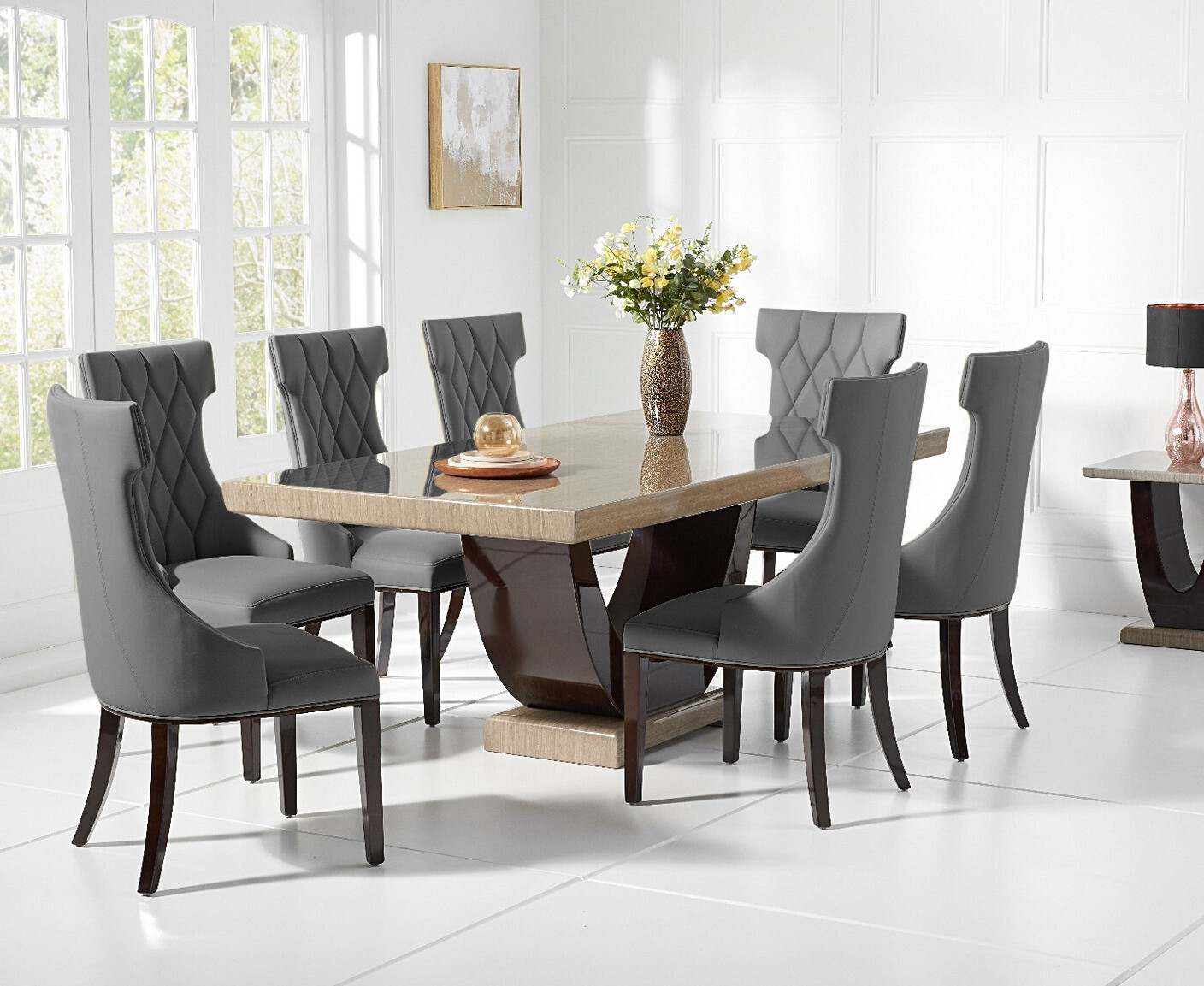 Photo 2 of Raphael 200cm brown pedestal marble dining table with 10 cream sophia chairs