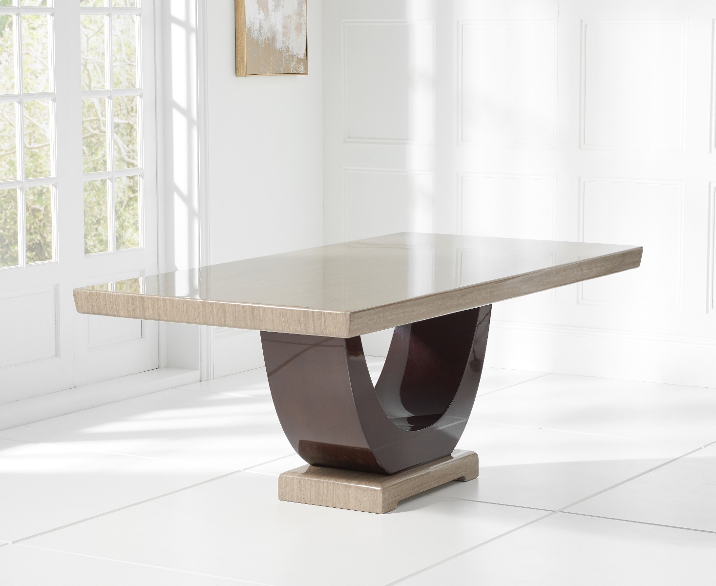 Photo 4 of Novara 170cm brown pedestal marble dining table with 6 grey francesca chairs
