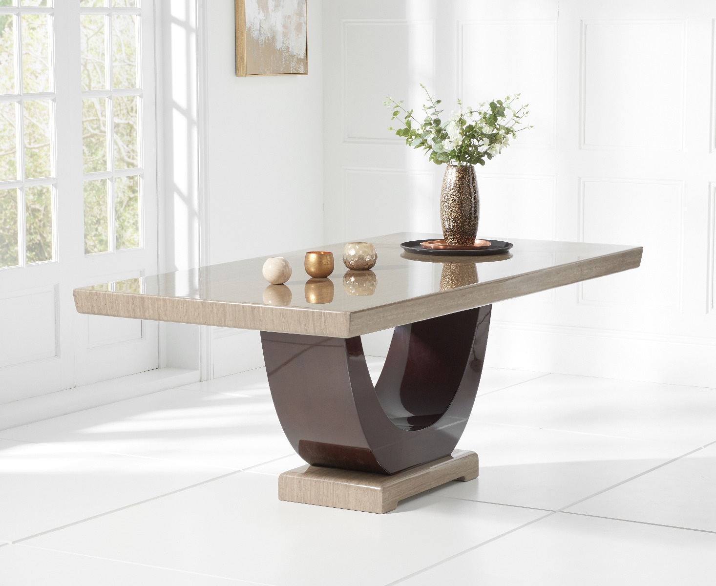 Photo 3 of Novara 170cm brown pedestal marble dining table with 6 grey francesca chairs