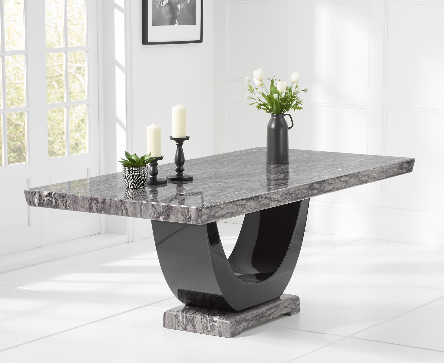 Photo 2 of Raphael 200cm dark grey pedestal marble dining table with 8 grey sophia chairs