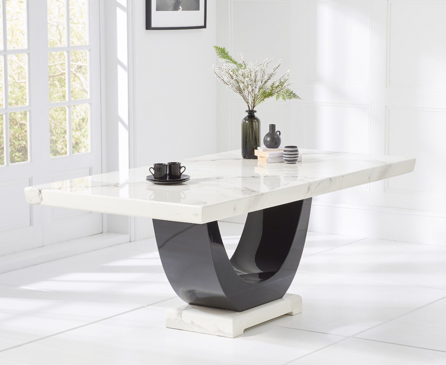 Photo 1 of Raphael 200cm white and black pedestal marble dining table with 8 grey sophia chairs