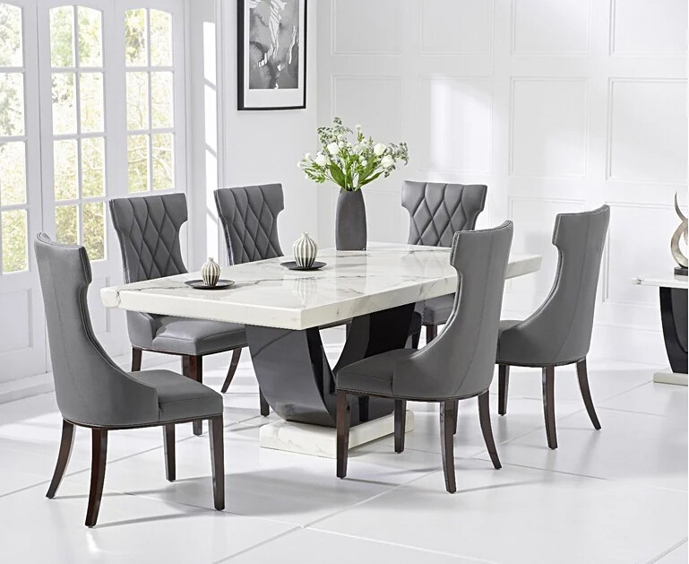 Product photograph of Raphael 200cm White And Black Pedestal Marble Dining Table With 8 Cream Sophia Chairs from Oak Furniture Superstore