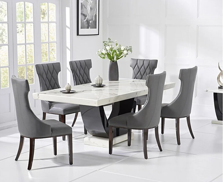 Photo 2 of Novara 170cm white and black pedestal marble dining table with 6 cream sophia chairs