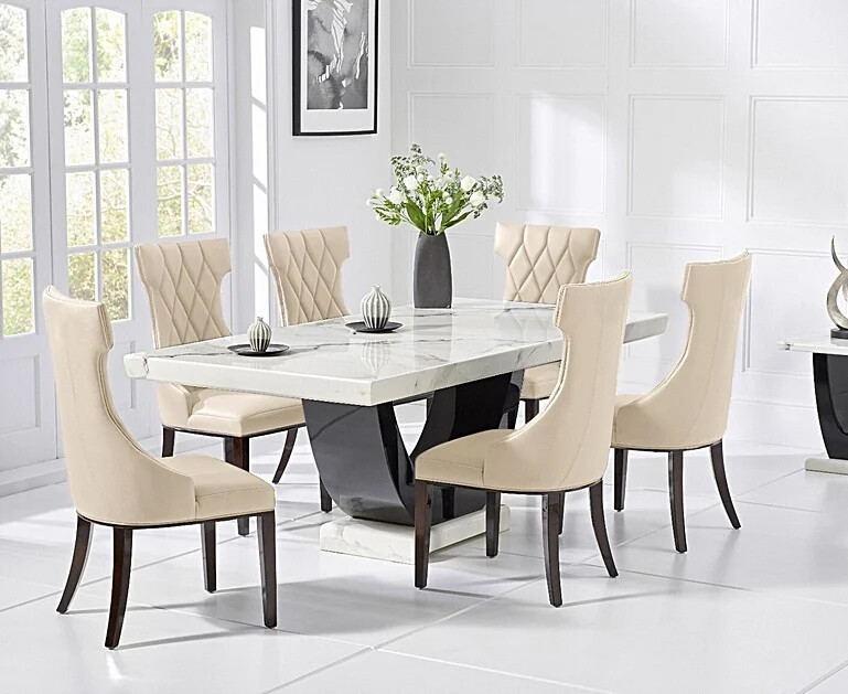 Photo 2 of Raphael 200cm white and black pedestal marble dining table with 10 cream sophia chairs
