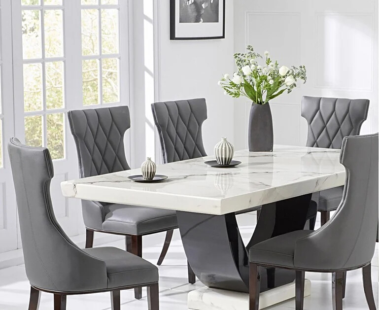Photo 3 of Raphael 200cm white and black pedestal marble dining table with 10 cream sophia chairs