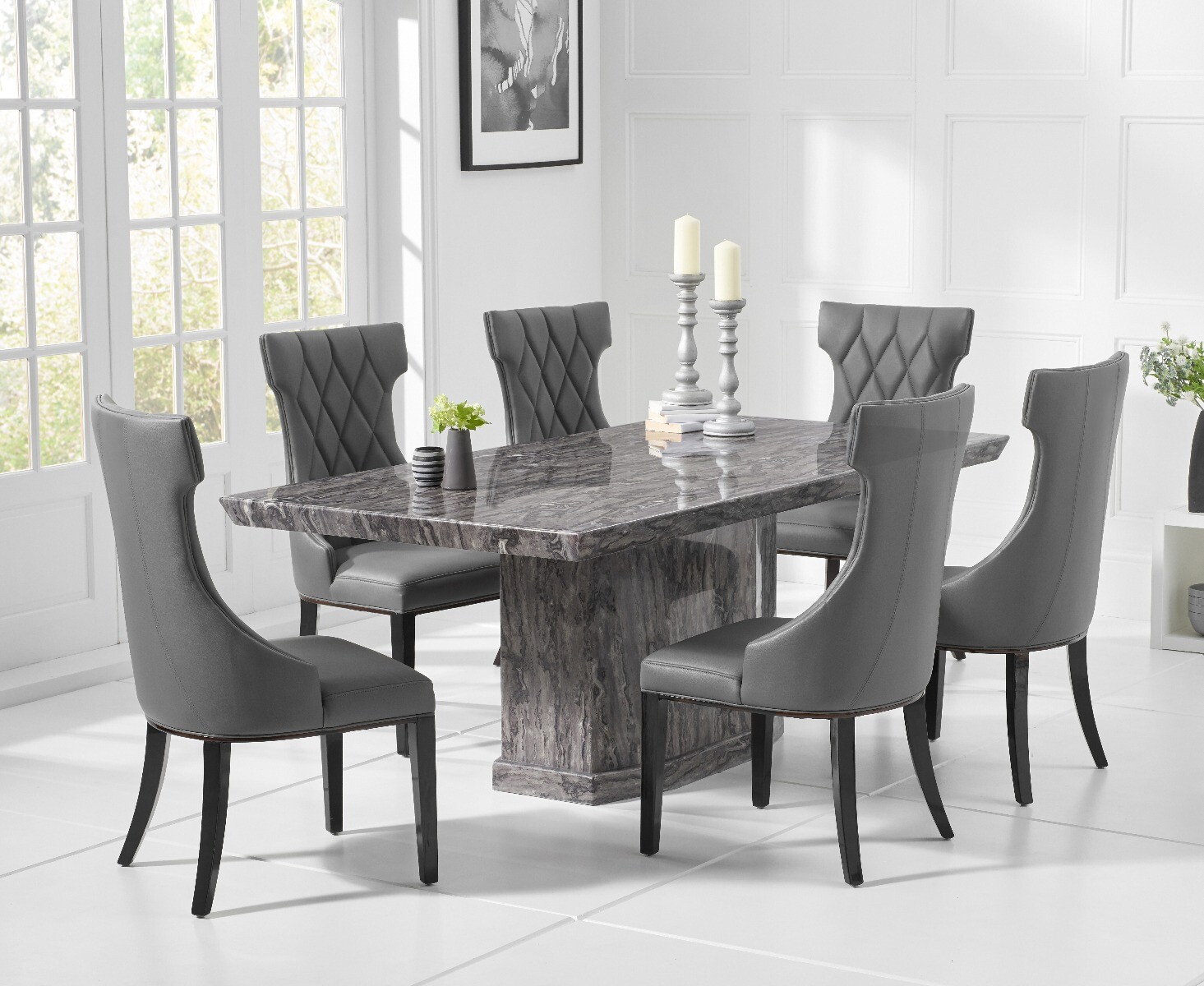 Carvelle 160cm Grey Pedestal Marble Dining Table With 6 Cream Sophia Chairs