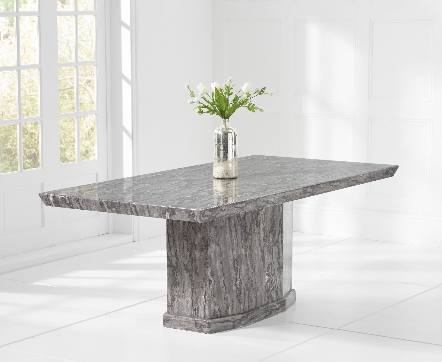 Photo 2 of Carvelle 160cm dark grey pedestal marble dining table with 4 grey austin chairs