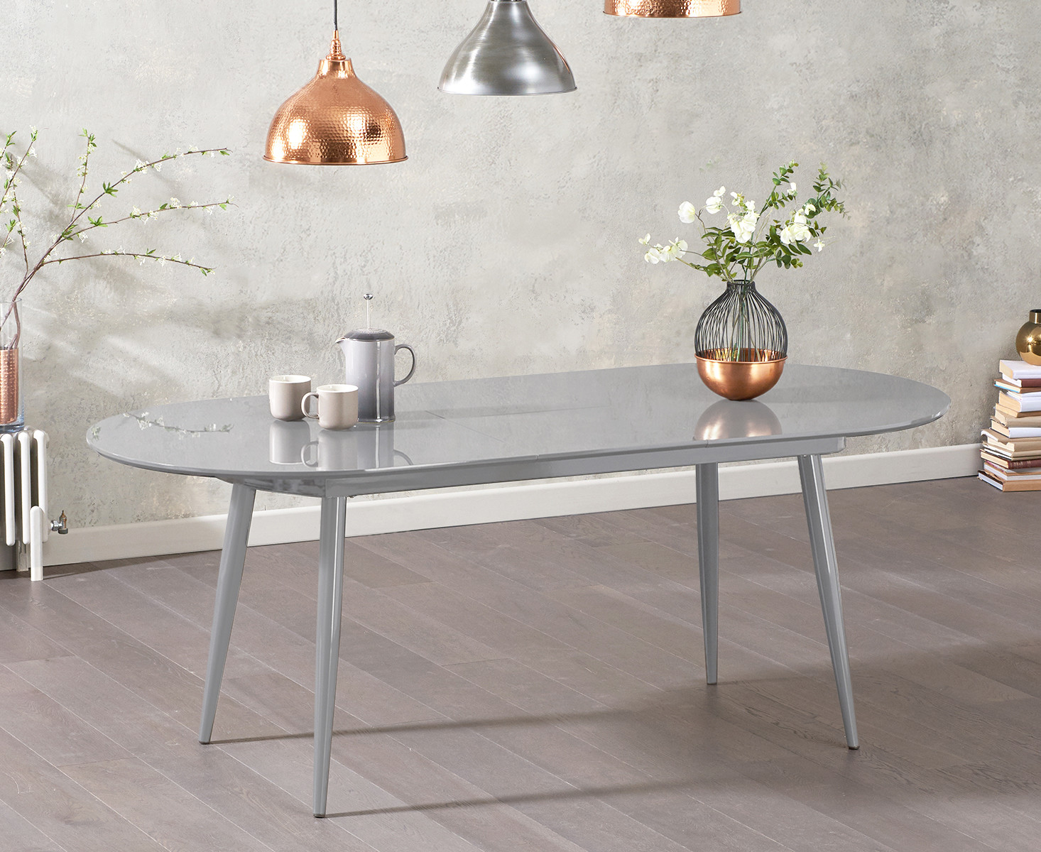 Photo 1 of Olivia extending light grey high gloss dining table with 8 grey astrid faux leather chairs