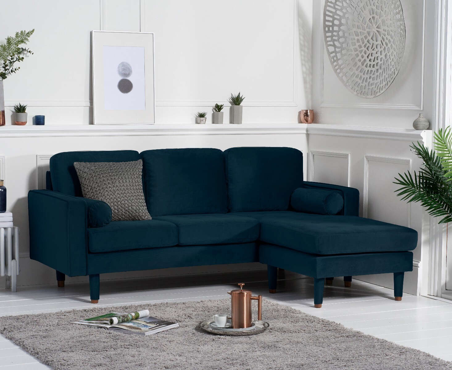 Product photograph of Bailey Blue Velvet 3 Seater Reversible Chaise Sofa from Oak Furniture Superstore