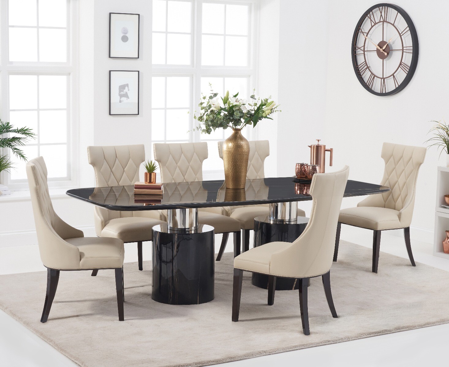Product photograph of Antonio 220cm Black Marble Dining Table With 8 Cream Sophia Chairs from Oak Furniture Superstore