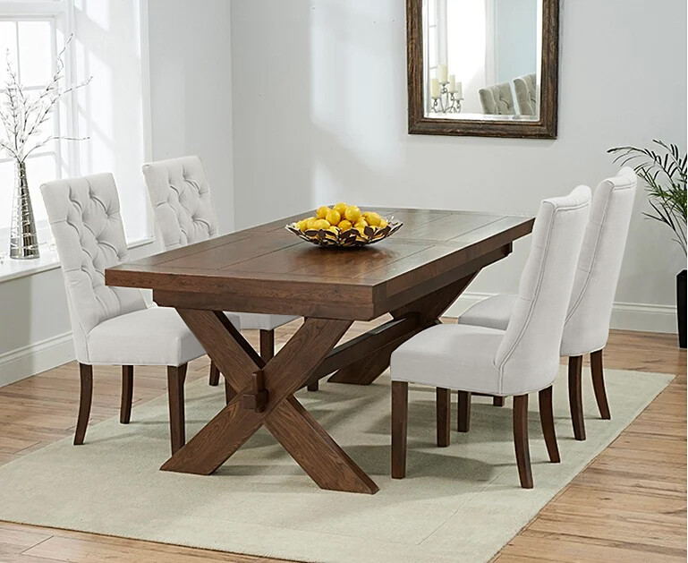 Extending Buckley 200cm Dark Solid Oak Dining Table With 6 Natural Francois Chairs