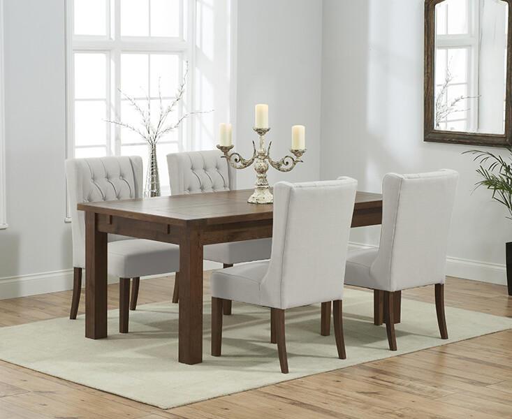 Normandy 150cm Dark Solid Oak Extending Dining Table With 6 Natural Darcy Fabric Dark Oak Leg Chairs