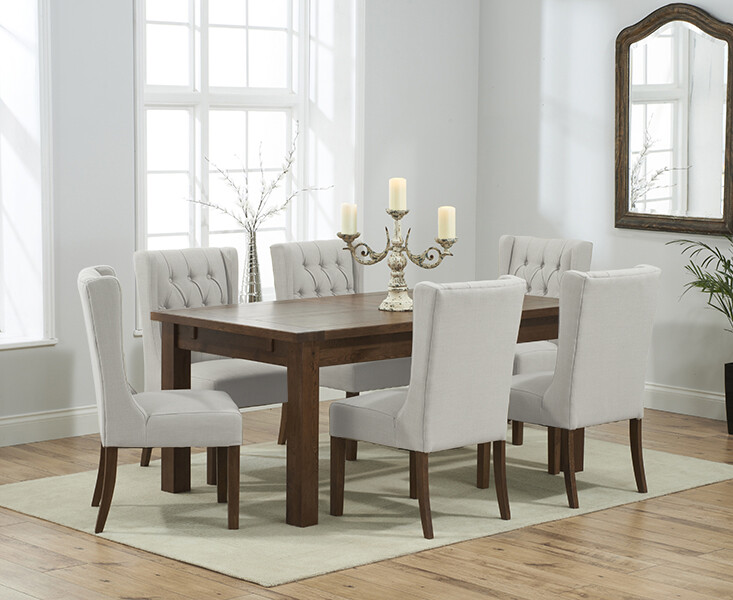 Photo 1 of Normandy 150cm dark solid oak extending dining table with 6 natural darcy fabric dark oak leg chairs