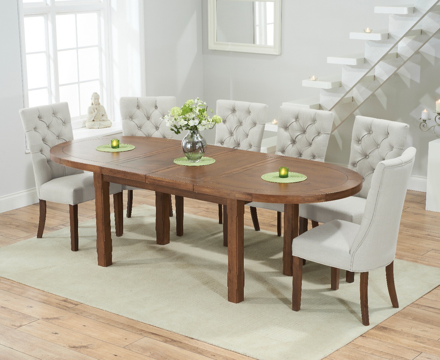 Product photograph of Caversham Dark Oak Extending Dining Table With 6 Cream Francois Fabric Dark Oak Leg Chairs from Oak Furniture Superstore
