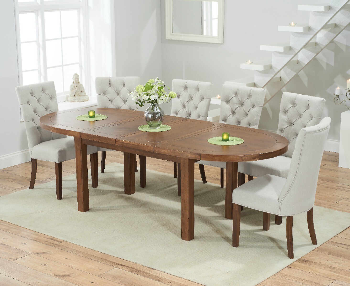 Extending Caversham Dark Oak Dining Table With 6 Grey Francois Chairs