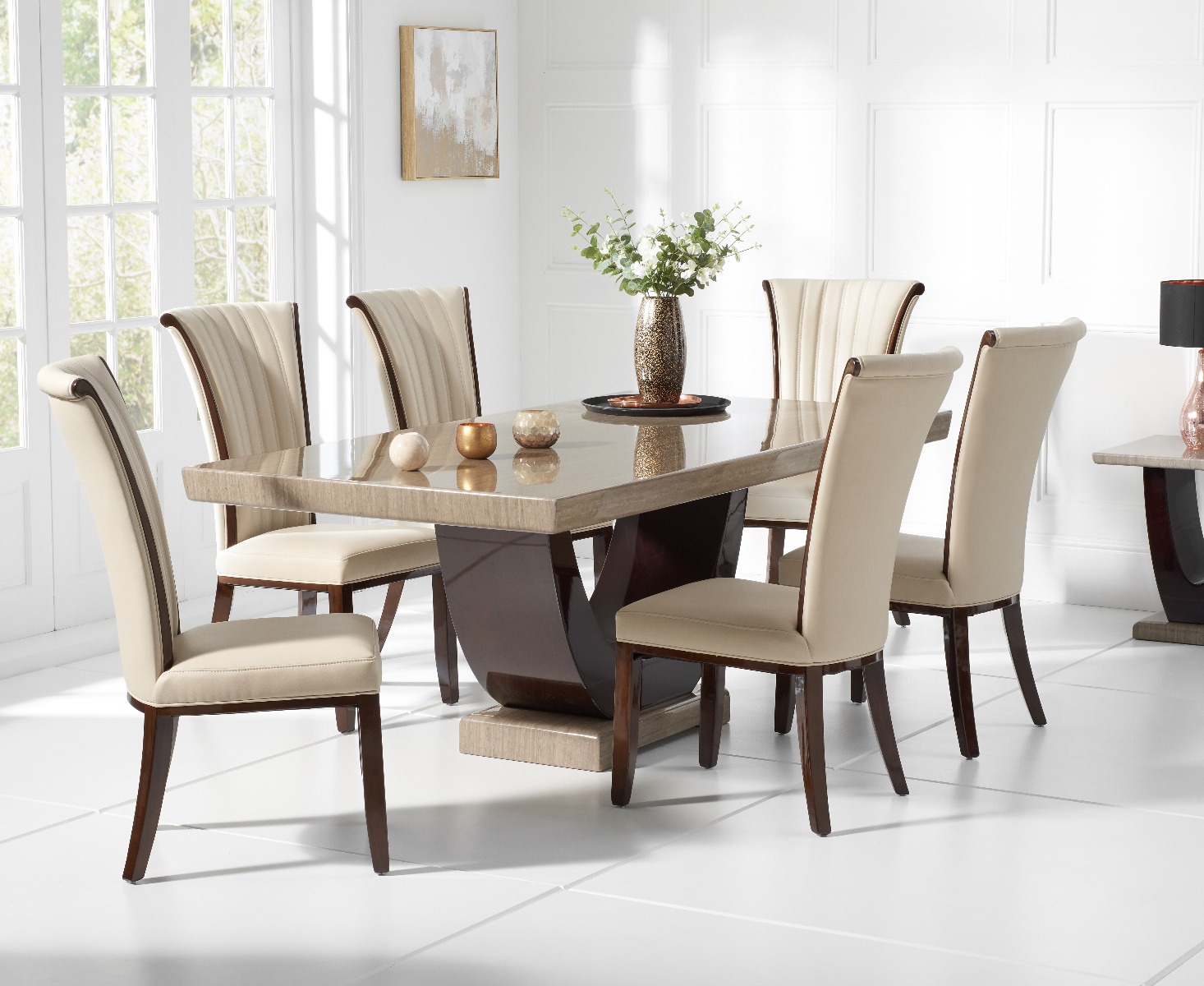 Product photograph of Novara 170cm Brown Pedestal Marble Dining Table With 6 Cream Alpine Chairs from Oak Furniture Superstore