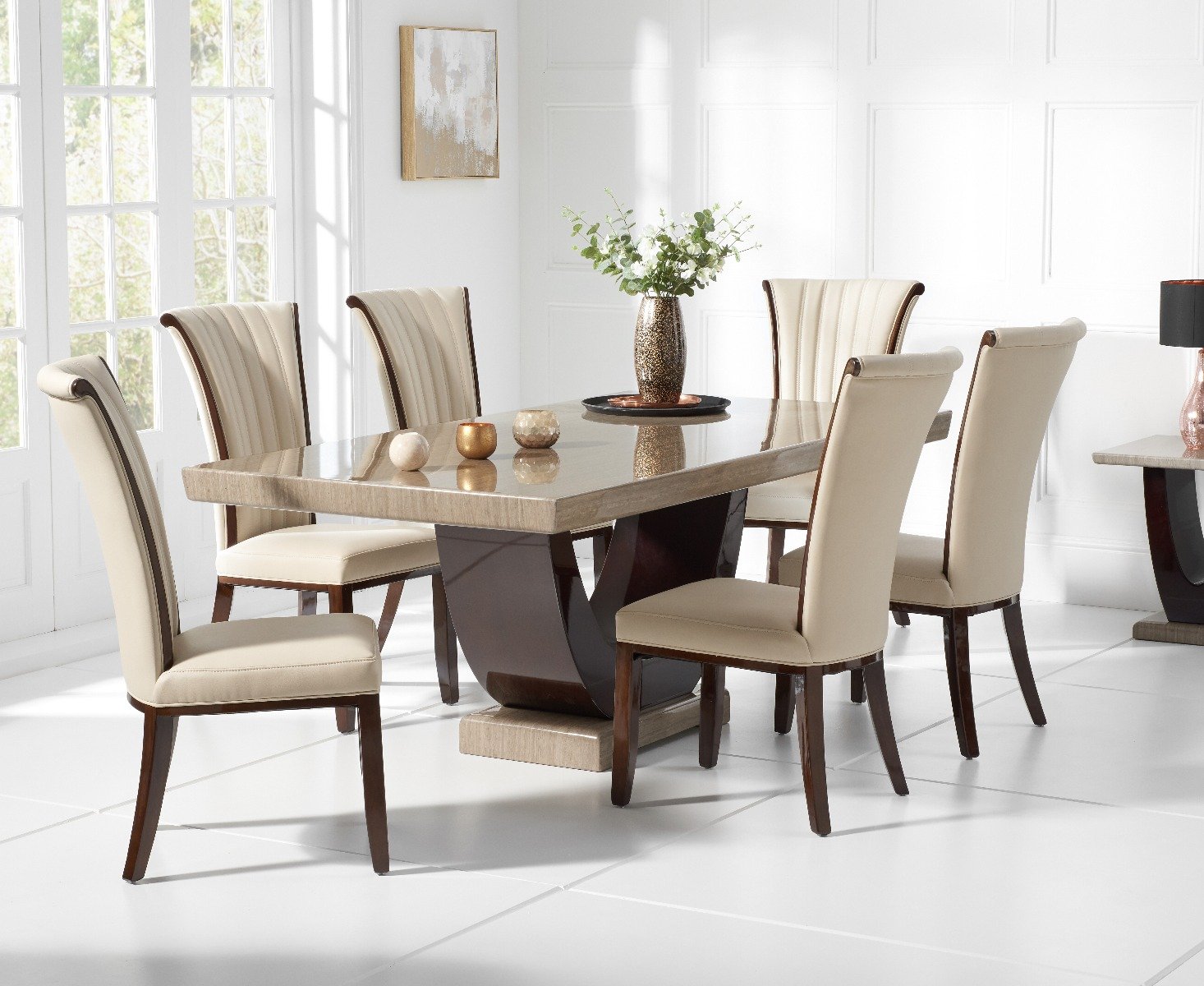 Novara 170cm Brown Pedestal Marble Dining Table With 6 Cream Alpine Chairs