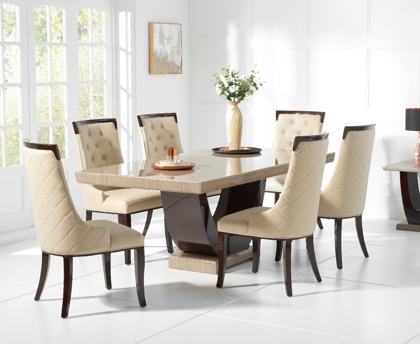 Product photograph of Novara 170cm Brown Pedestal Marble Dining Table With 4 Cream Francesca Chairs from Oak Furniture Superstore