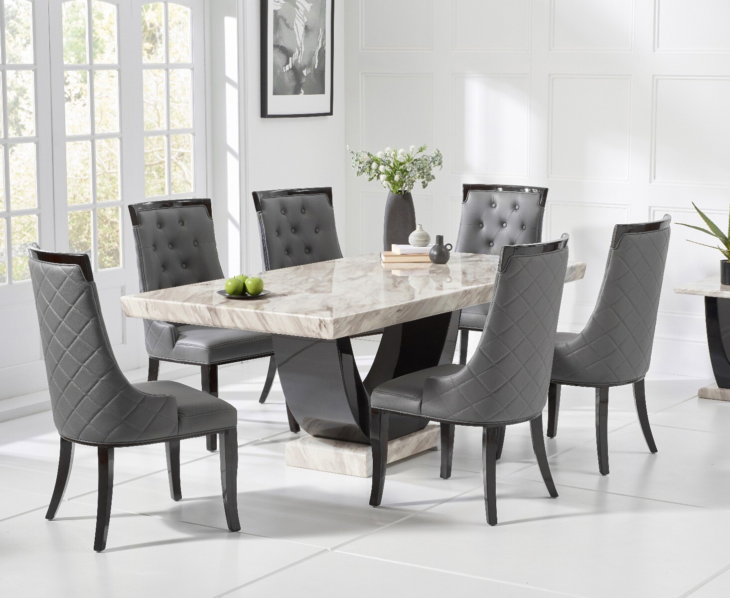 Product photograph of Raphael 170cm Cream And Black Pedestal Marble Dining Table With 4 Grey Francesca Chairs from Oak Furniture Superstore