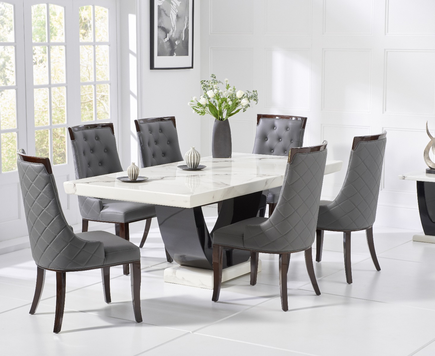Product photograph of Raphael 200cm White And Black Pedestal Marble Dining Table With 6 Grey Francesca Chairs from Oak Furniture Superstore