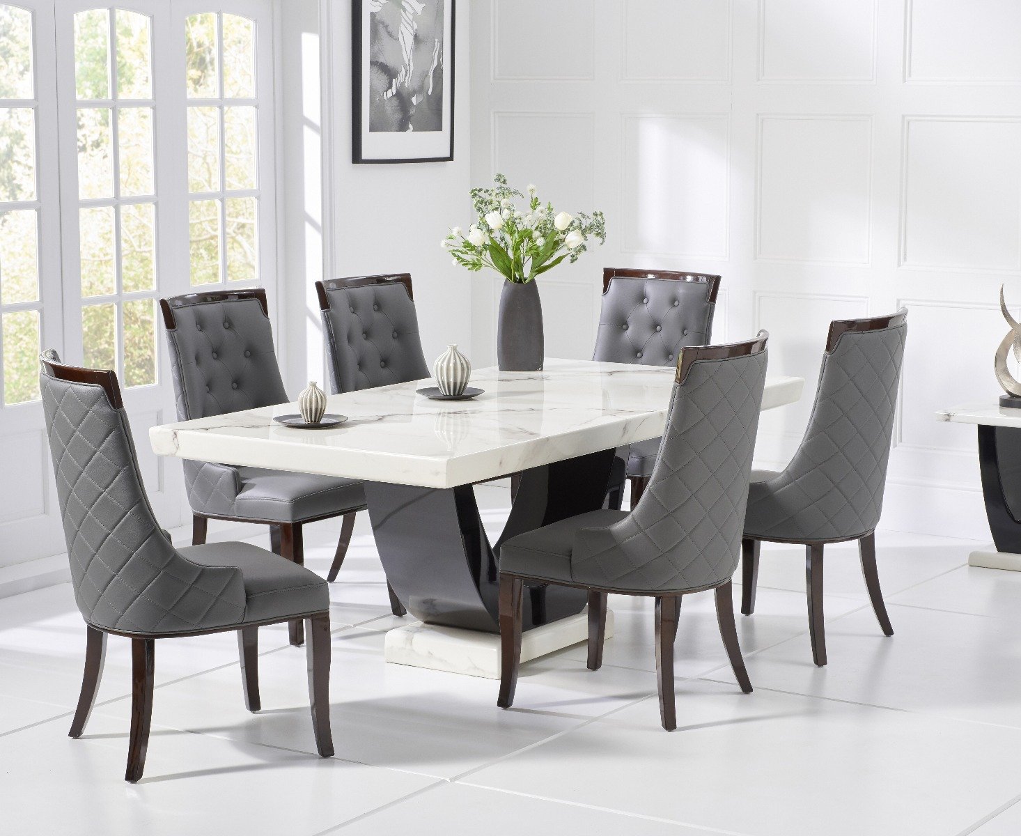 Product photograph of Raphael 200cm White And Black Pedestal Marble Dining Table With 8 Grey Francesca Chairs from Oak Furniture Superstore