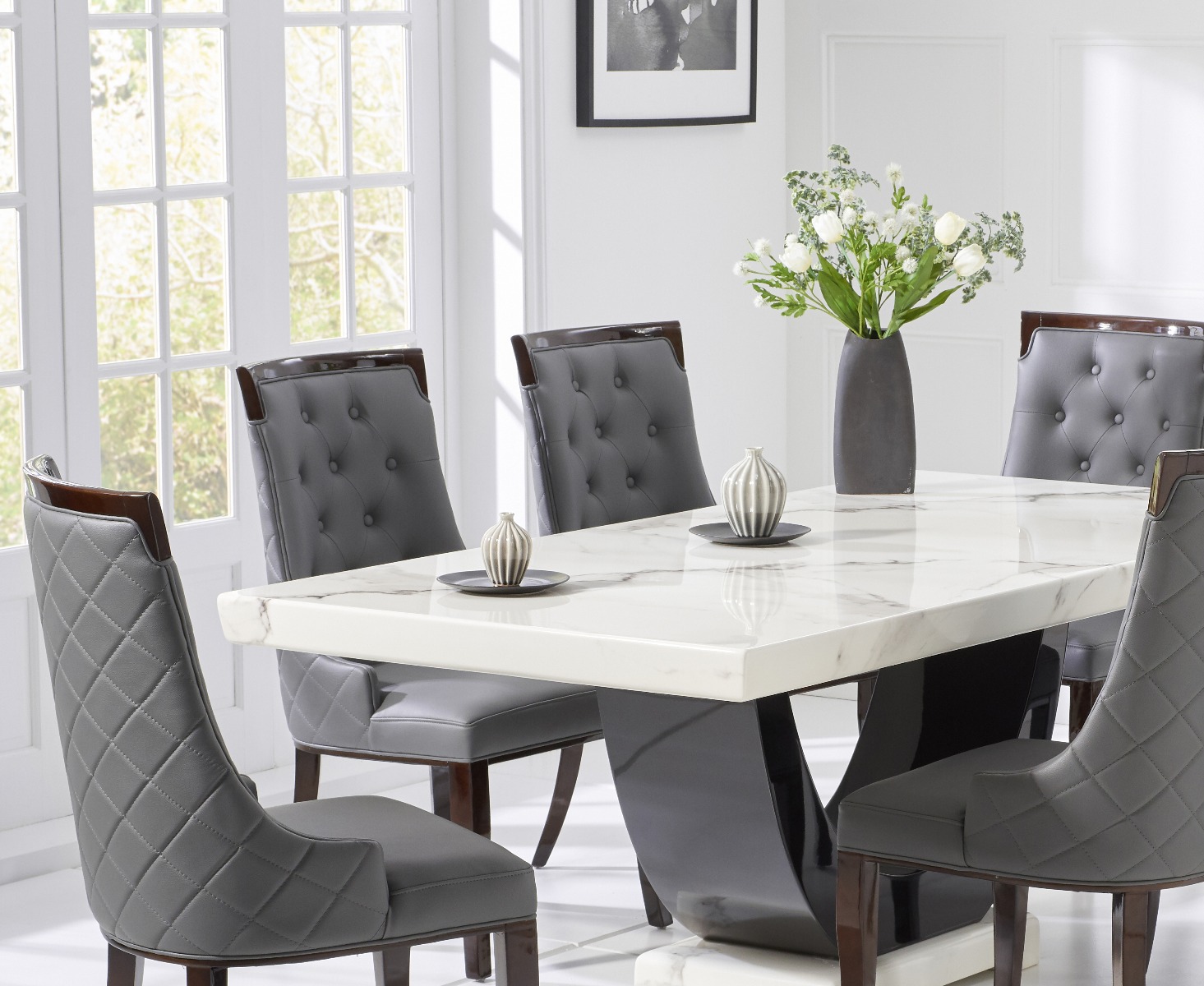 Photo 2 of Raphael 200cm white and black pedestal marble dining table with 12 grey francesca chairs