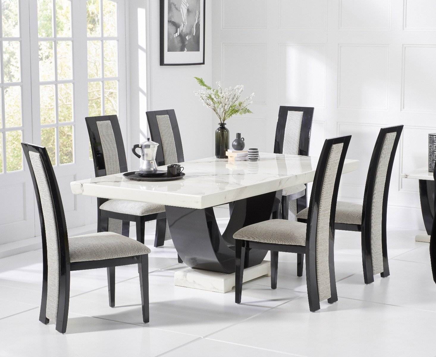 Product photograph of Raphael 200cm White And Black Pedestal Marble Dining Table With 8 Black Novara Chairs from Oak Furniture Superstore