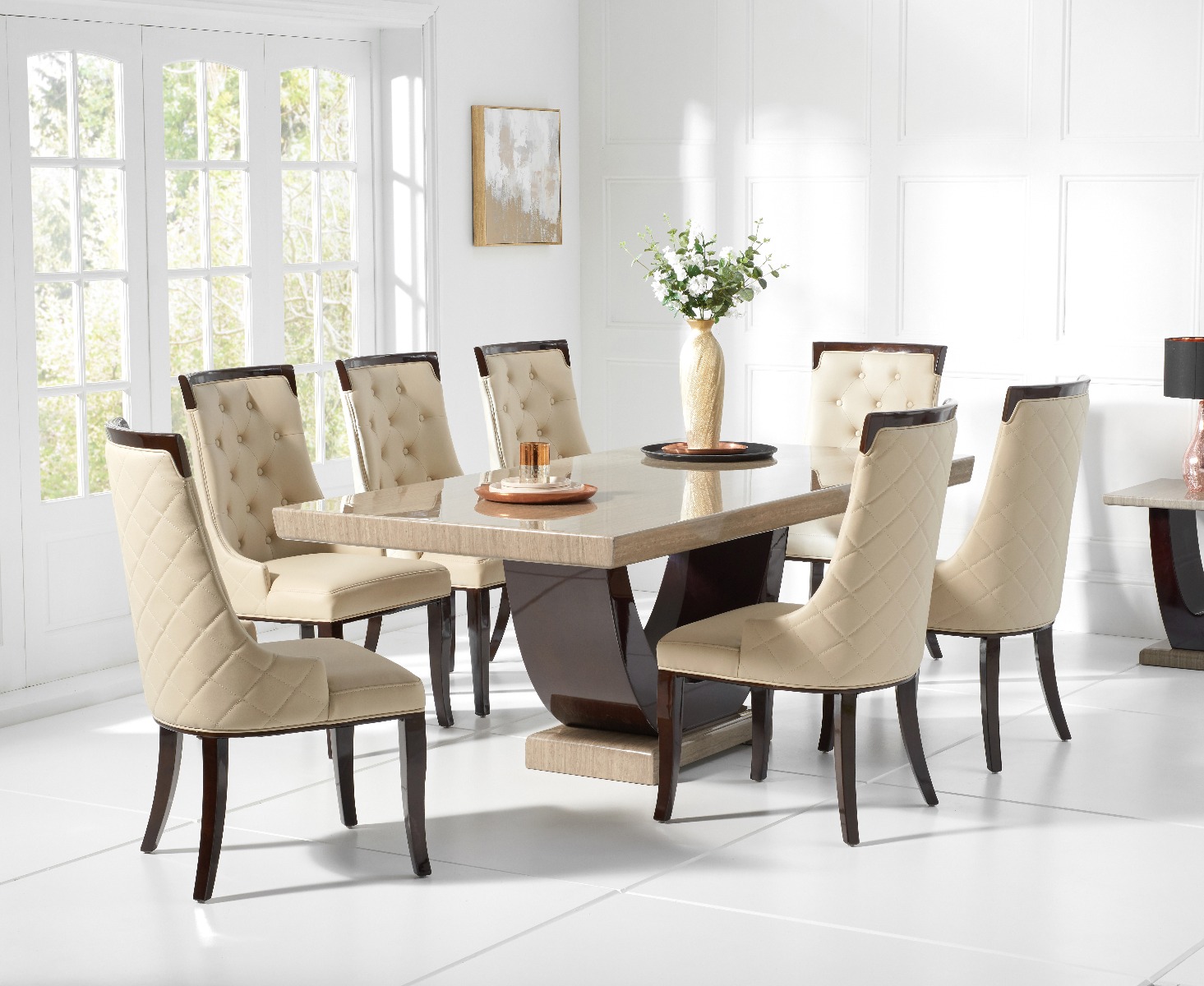 Product photograph of Raphael 200cm Brown Pedestal Marble Dining Table With 6 Grey Francesca Chairs from Oak Furniture Superstore
