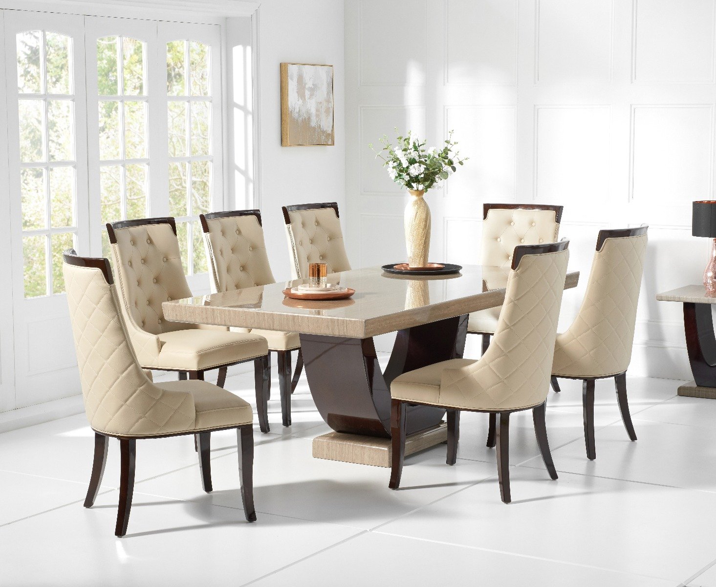 Novara 200cm Brown Pedestal Marble Dining Table With 12 Grey Francesca Chairs