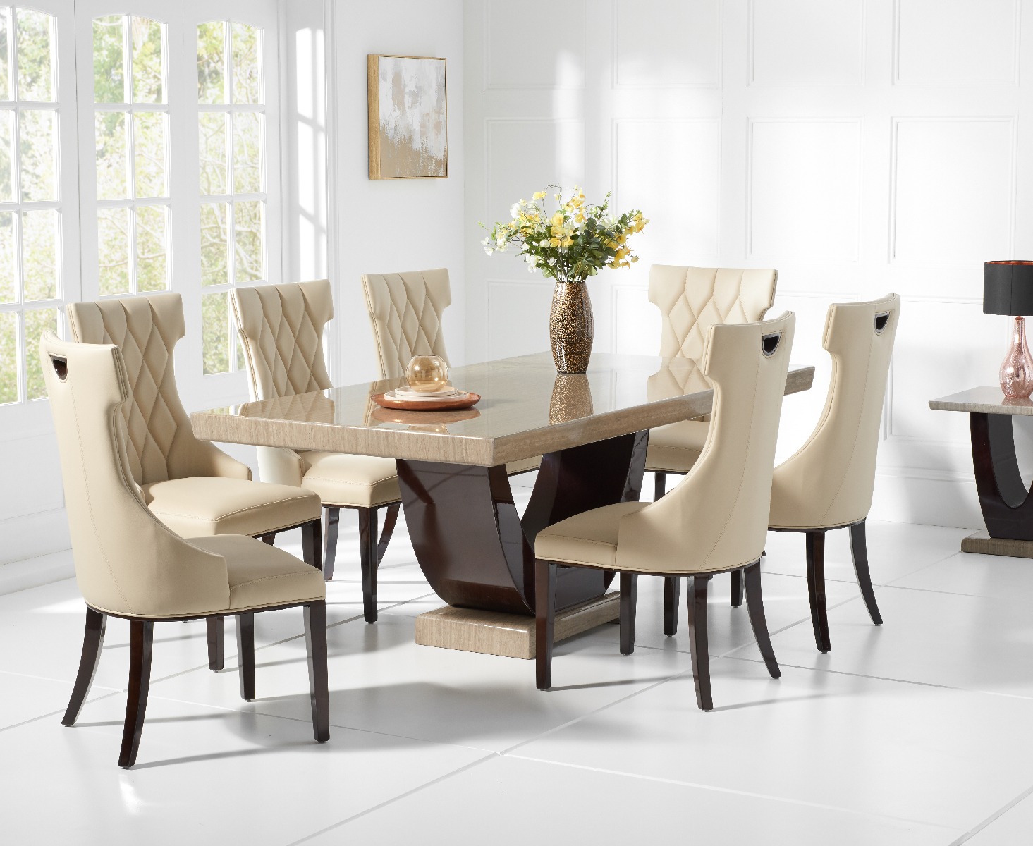 Product photograph of Raphael 200cm Brown Pedestal Marble Dining Table With 8 Grey Sophia Chairs from Oak Furniture Superstore