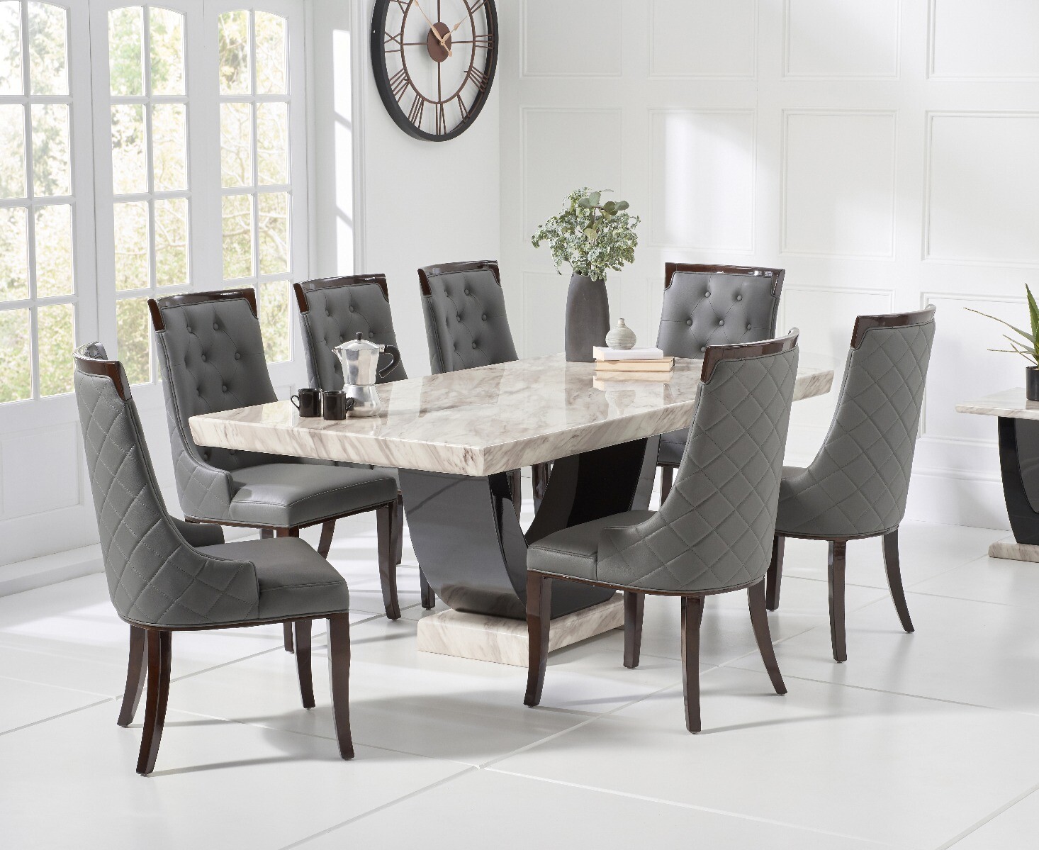Product photograph of Novara 200cm Cream And Black Pedestal Marble Dining Table With 8 Grey Francesca Chairs from Oak Furniture Superstore