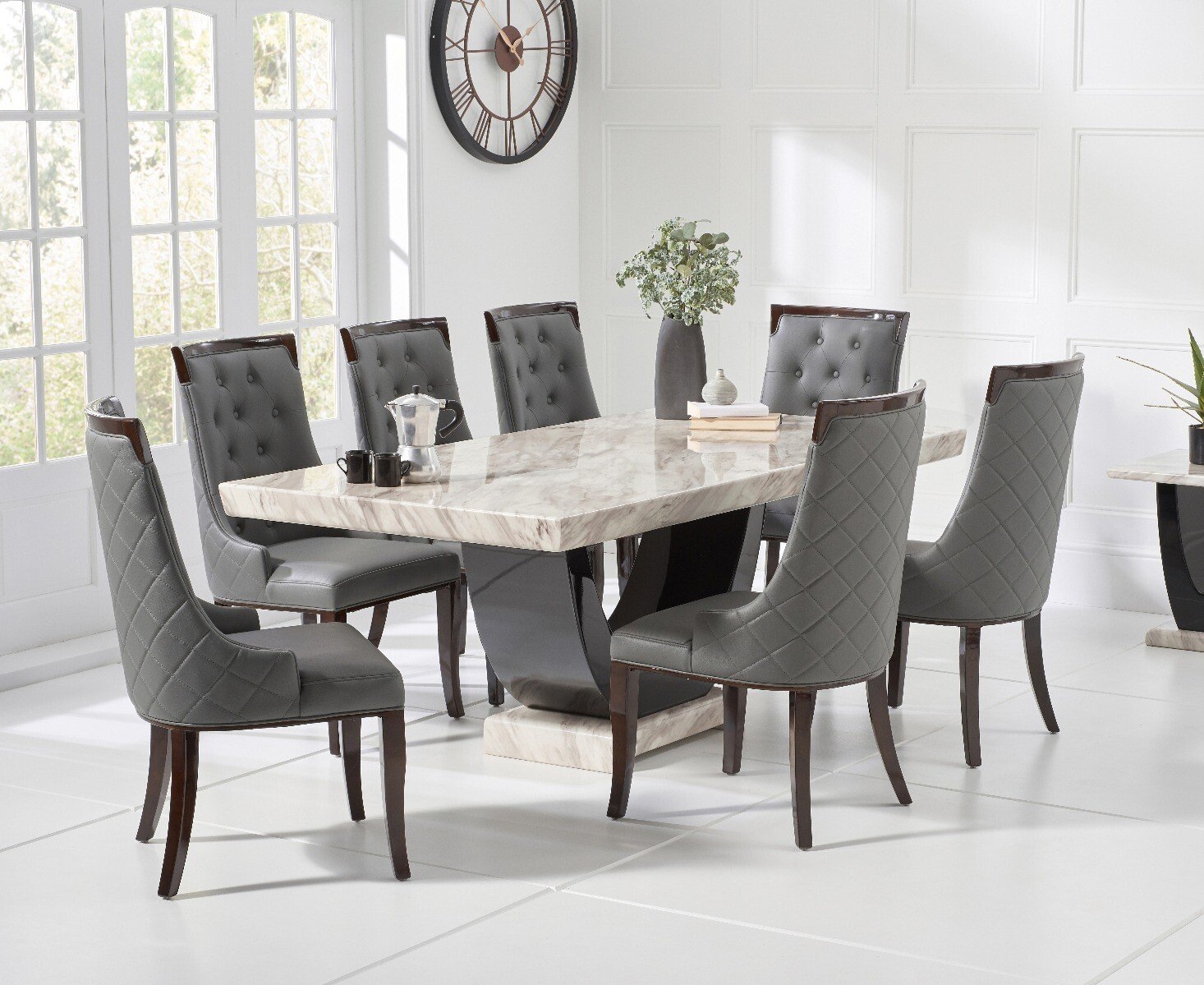 Novara 200cm Cream And Black Pedestal Marble Dining Table With 8 Cream Francesca Chairs