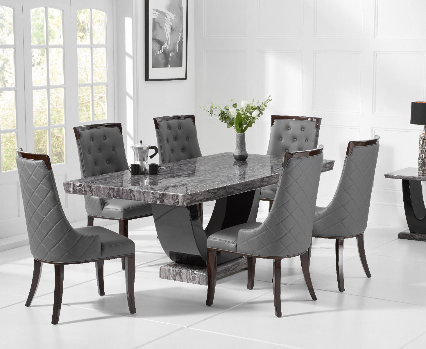 Product photograph of Raphael 170cm Dark Grey Pedestal Marble Dining Table With 4 Cream Francesca Chairs from Oak Furniture Superstore
