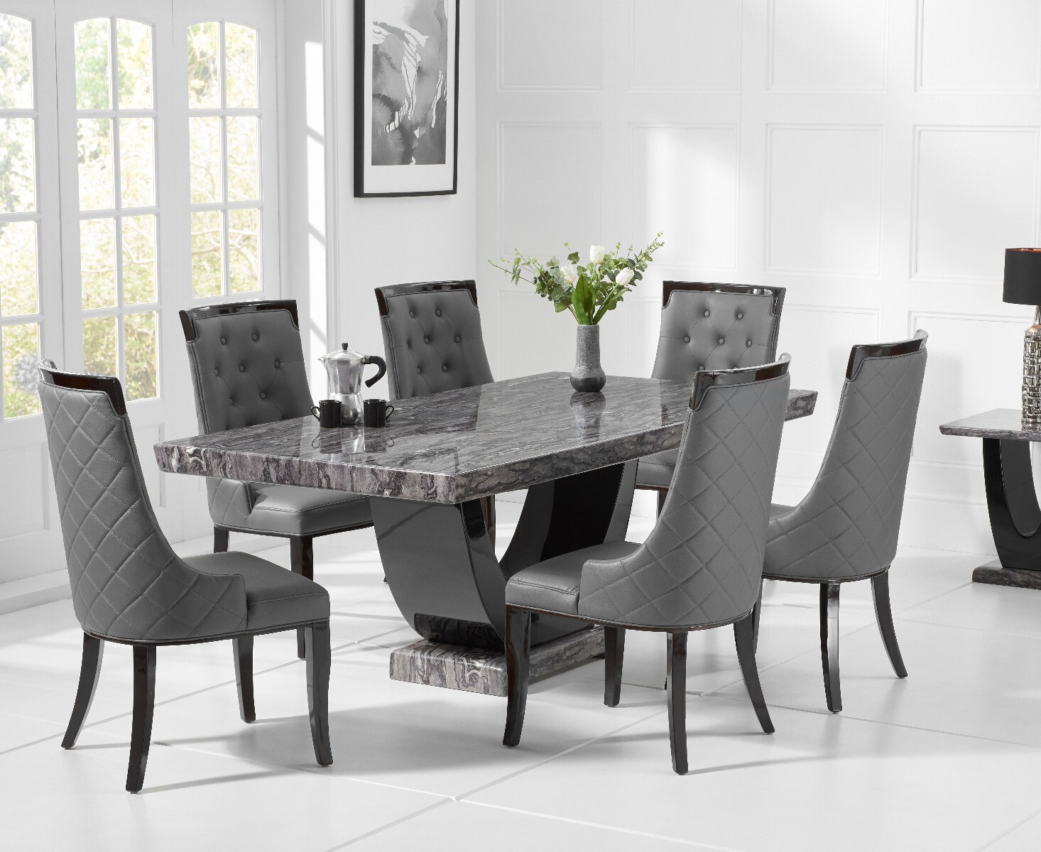 Photo 2 of Raphael 200cm dark grey pedestal marble dining table with 12 grey francesca chairs