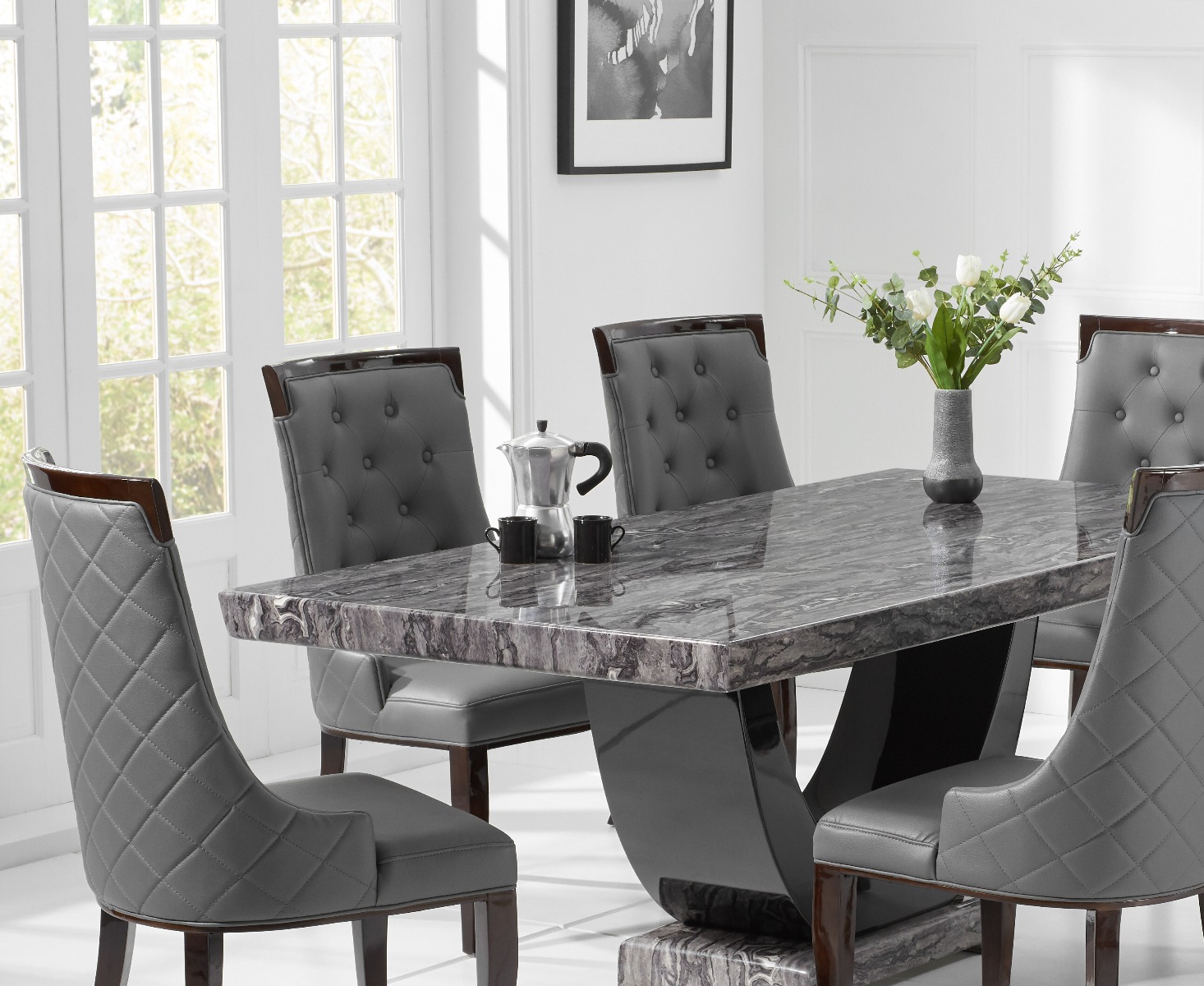 Photo 1 of Raphael 200cm dark grey pedestal marble dining table with 8 cream francesca chairs